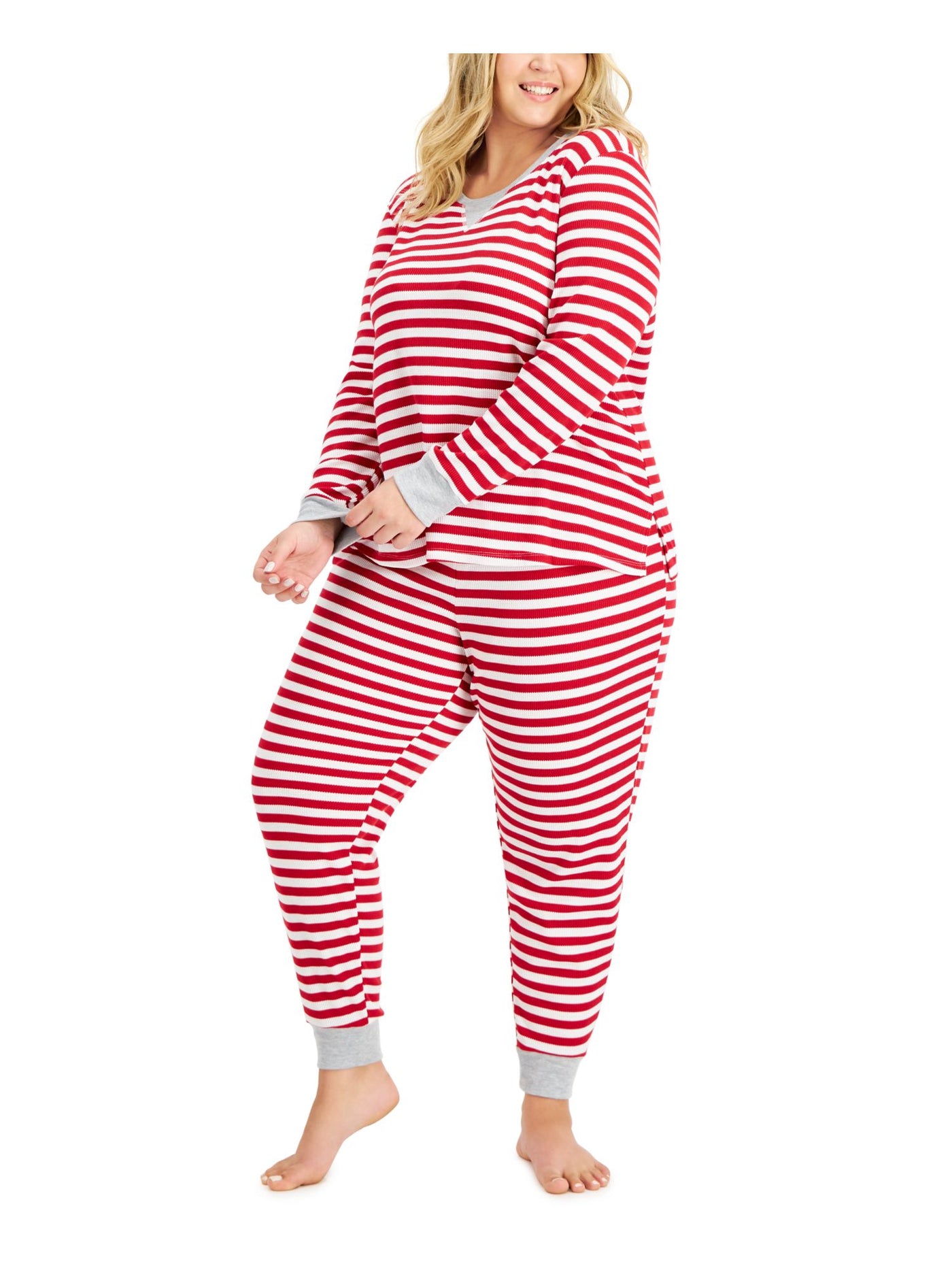 FAMILY PJs Womens Red Striped Top Long Sleeve Cuffed Pants Stretch Pajamas Plus 1X
