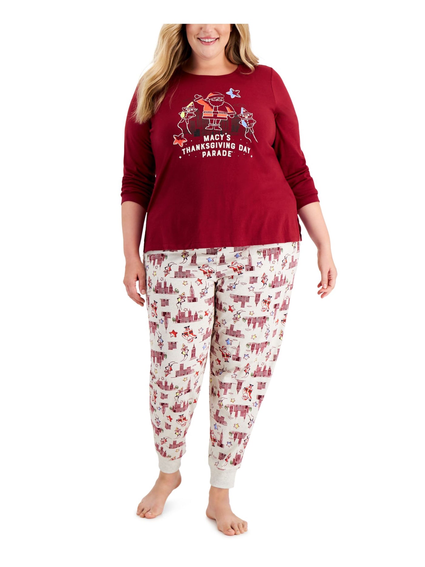 FAMILY PJs Womens Maroon Printed Top Elastic Band Long Sleeve Lounge Pants Pajamas Plus 1X
