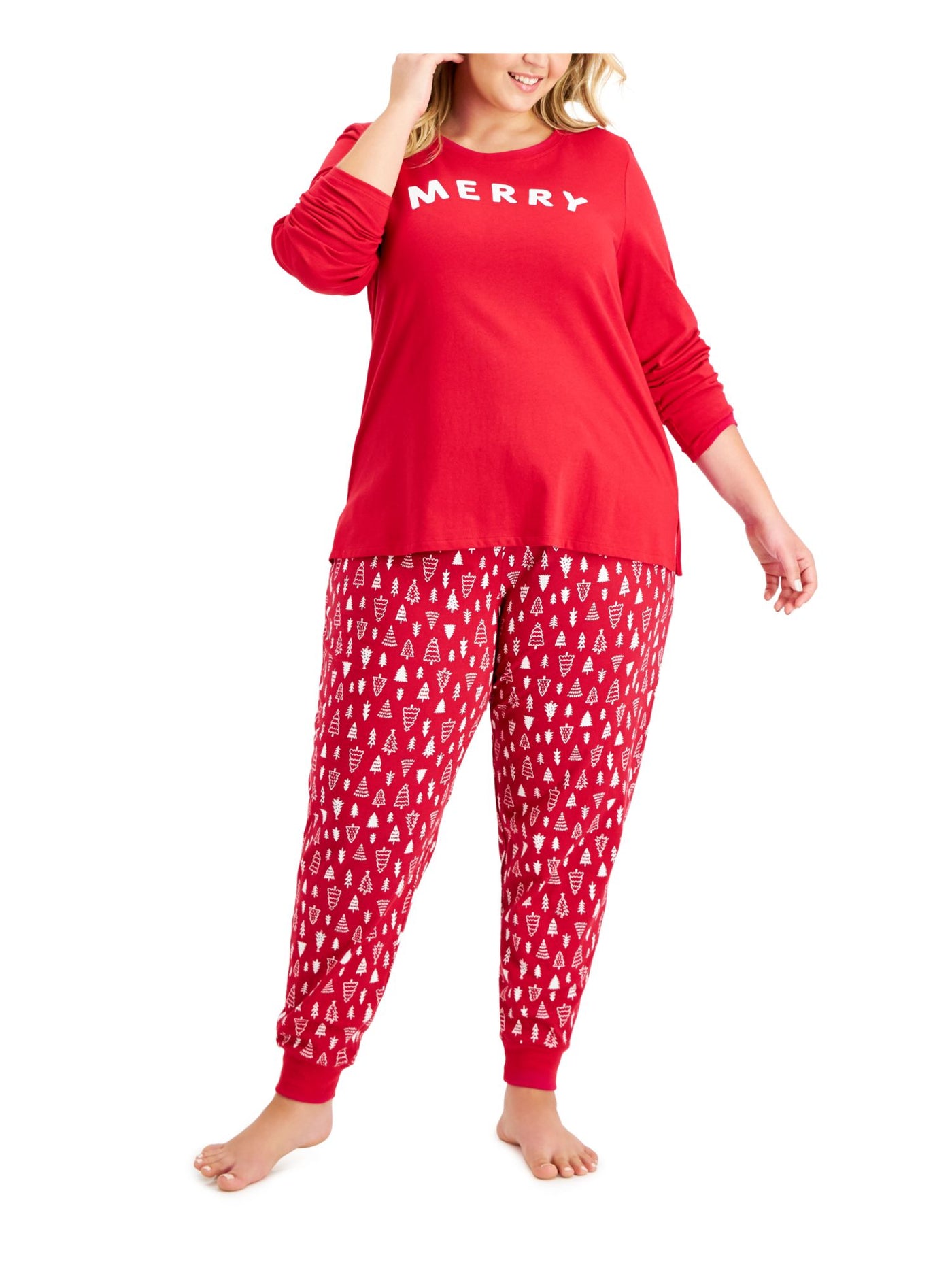 FAMILY PJs Womens Red Graphic Elastic Band Long Sleeve T-Shirt Top Cuffed Pants Pajamas Plus 3X