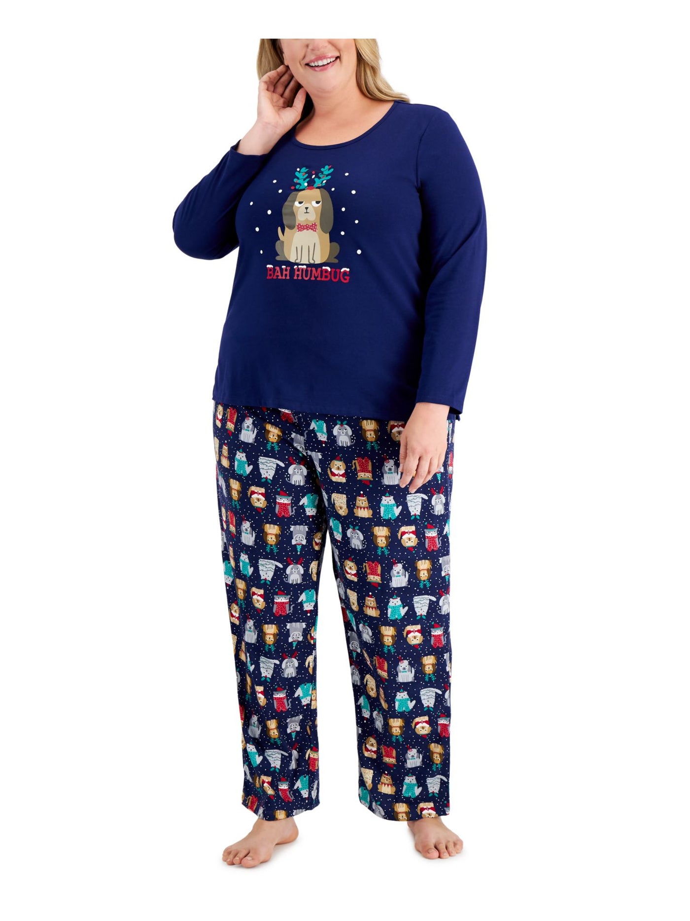 FAMILY PJs Womens Navy Graphic Elastic Band Long Sleeve T-Shirt Top Straight leg Pants Pajamas Plus 1X