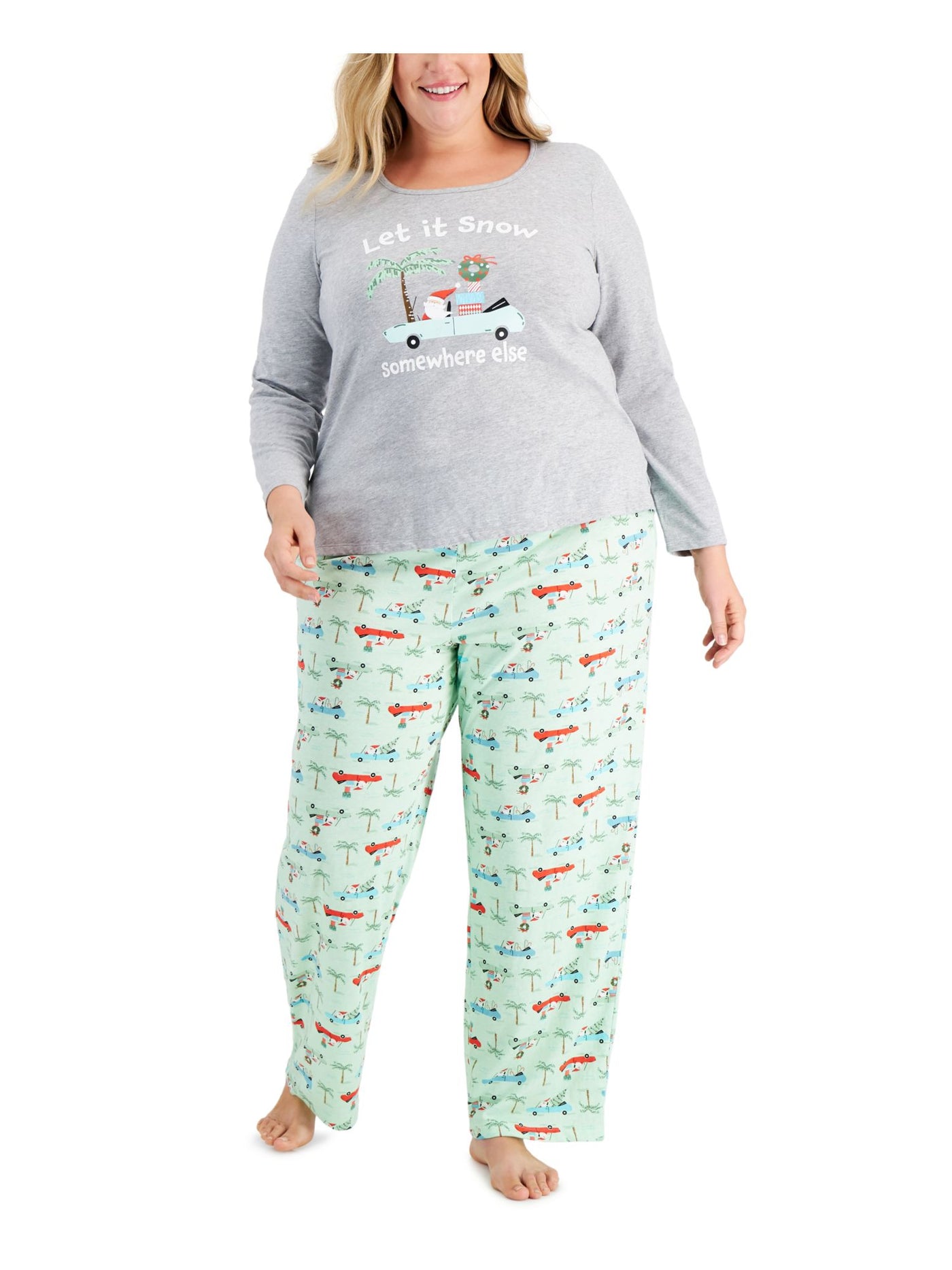 FAMILY PJs Womens Tropical Santa Green Graphic Elastic Band Long Sleeve T-Shirt Top Straight leg Pants Knit Pajamas 2X