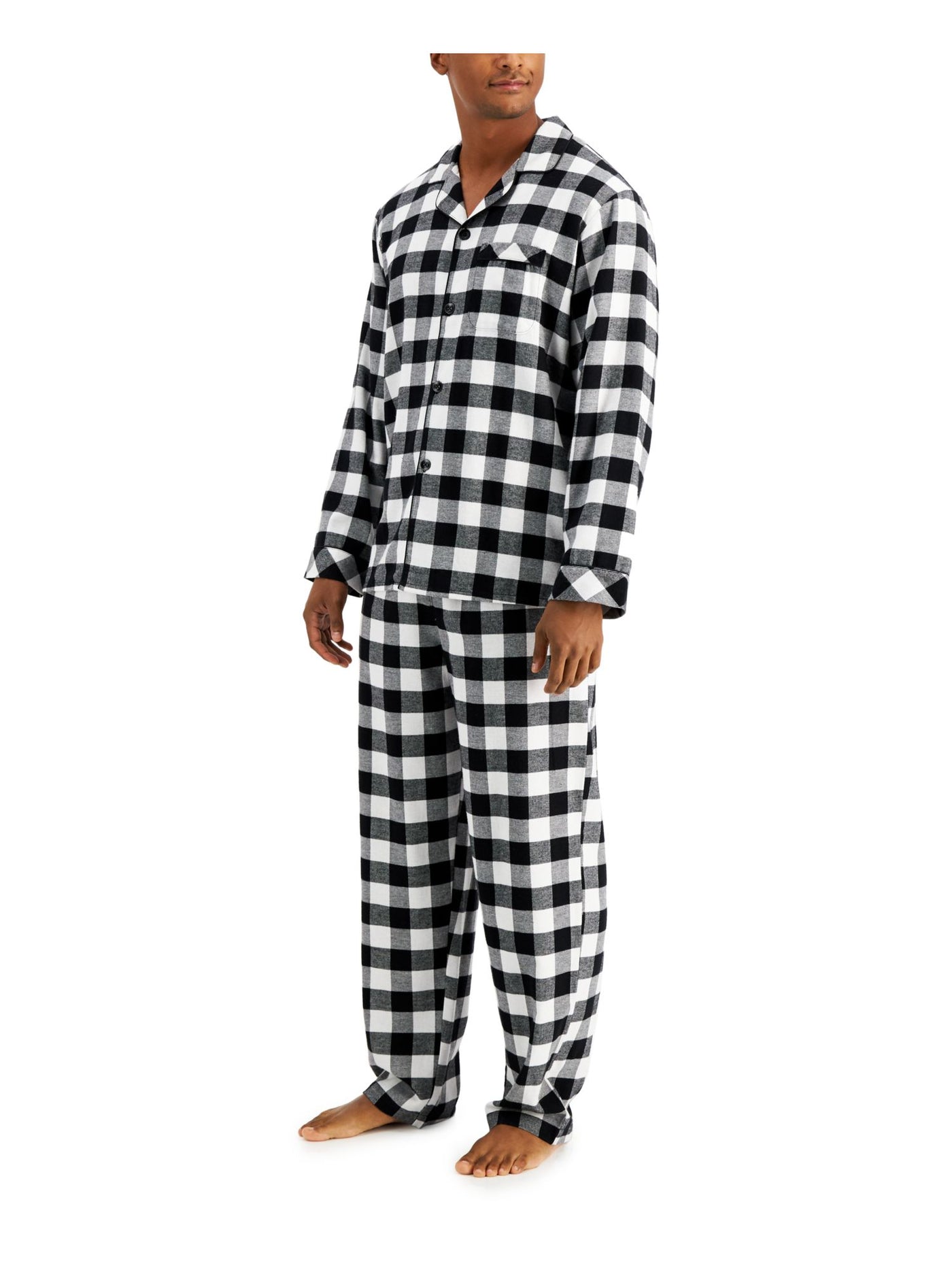 FAMILY PJs Mens Black Plaid Notched Collar Long Sleeve Button Up Top Straight leg Pants Flannel Pajamas S