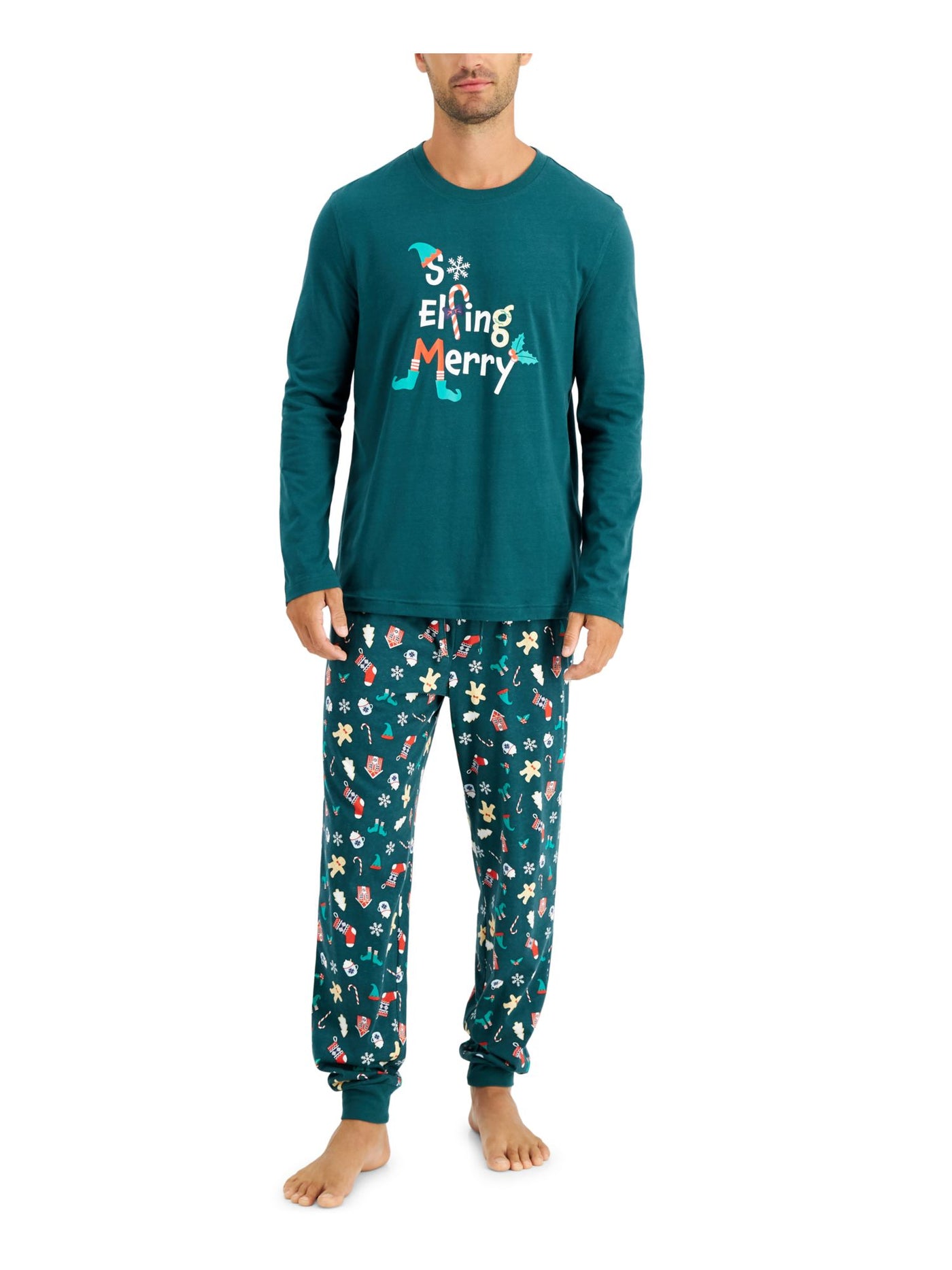 FAMILY PJs Mens So Elfing Merry Green Graphic Drawstring Long Sleeve T-Shirt Top Cuffed Pants Pajamas M