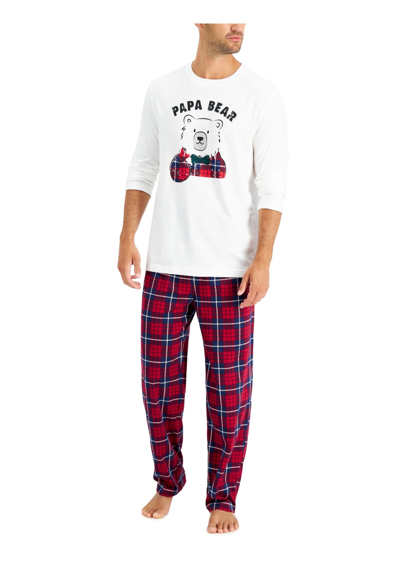 FAMILY PJs Mens Red Graphic Top Elastic Band Long Sleeve Straight leg Pants Cotton Blend Pajamas L