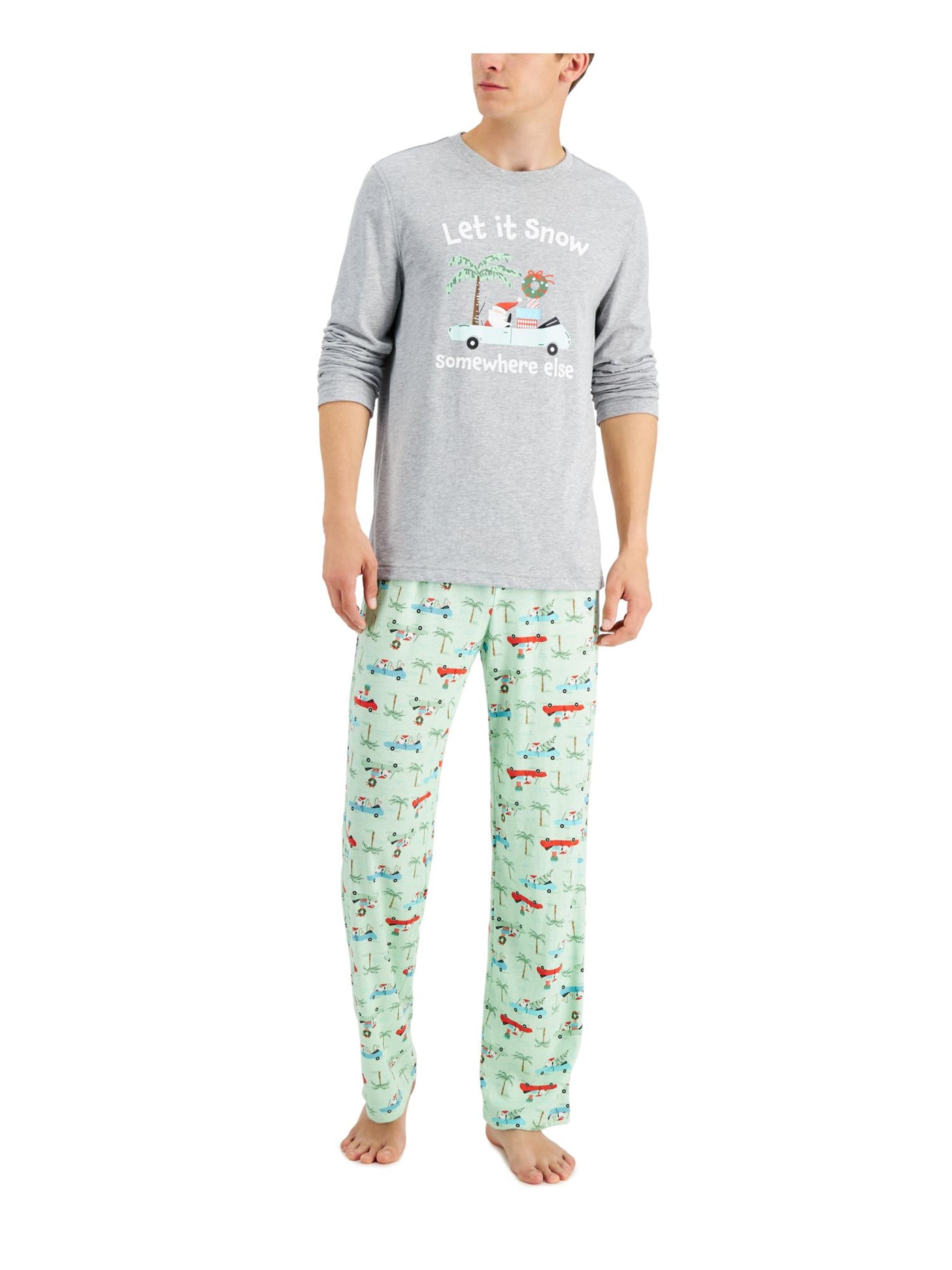 FAMILY PJs Mens Green Graphic Elastic Band Long Sleeve T-Shirt Top Straight leg Pants Pajamas XL