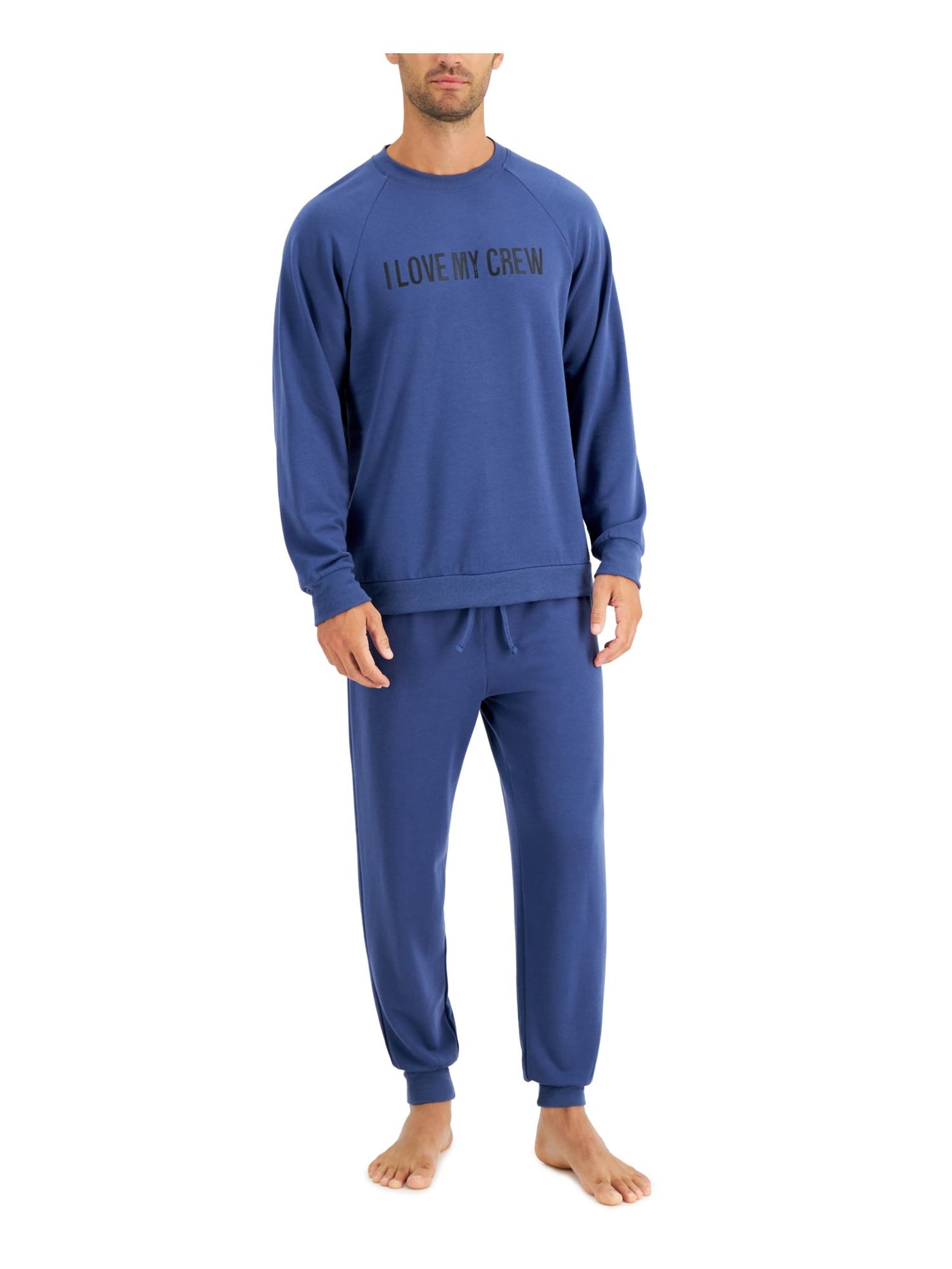 FAMILY PJs Mens Crew Love Navy Printed Drawstring Long Sleeve T-Shirt Top Cuffed Pants Fleece Pajamas L