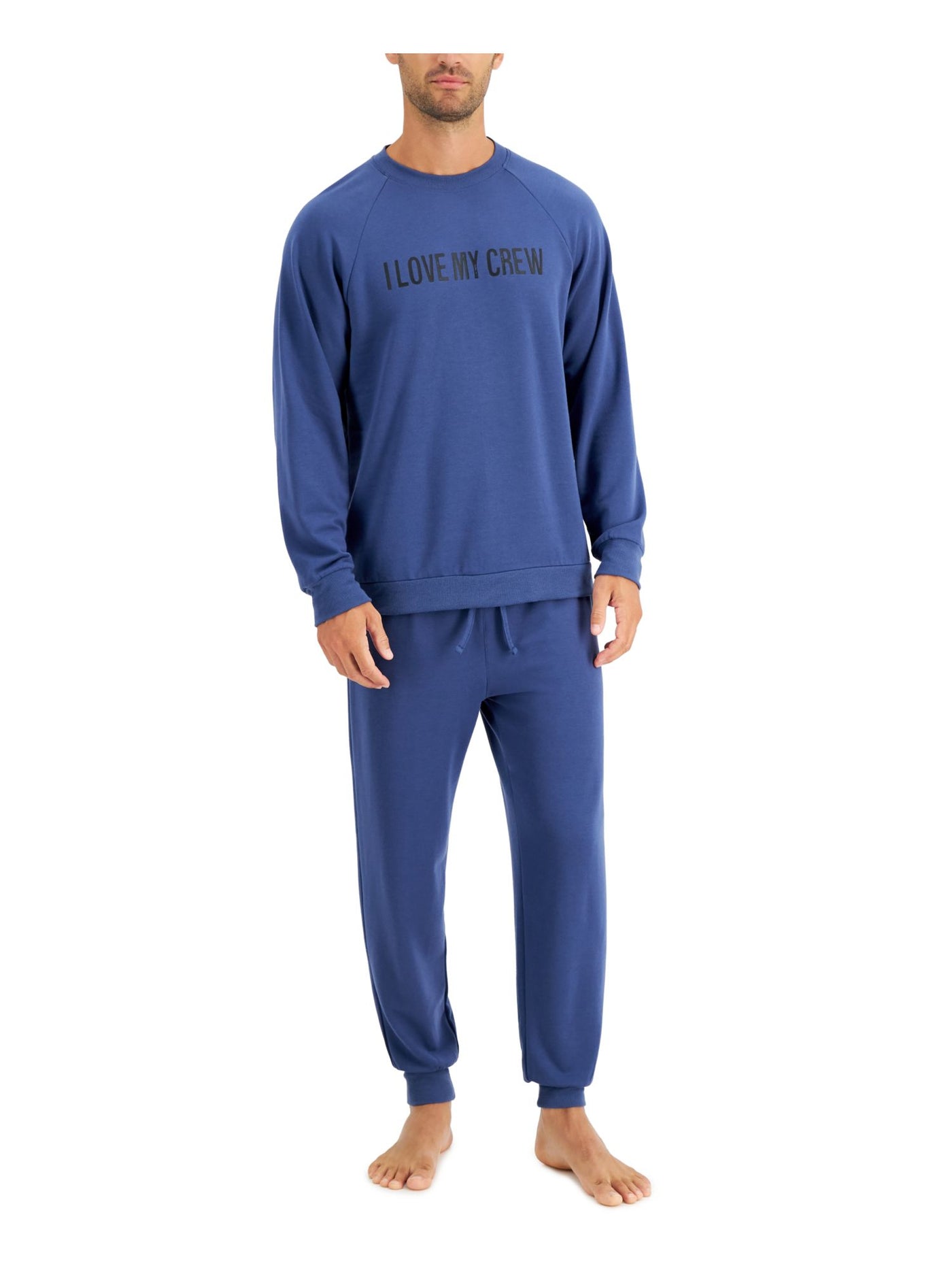 FAMILY PJs Mens Crew Love Blue Printed Drawstring Long Sleeve T-Shirt Top Cuffed Pants Fleece Pajamas L