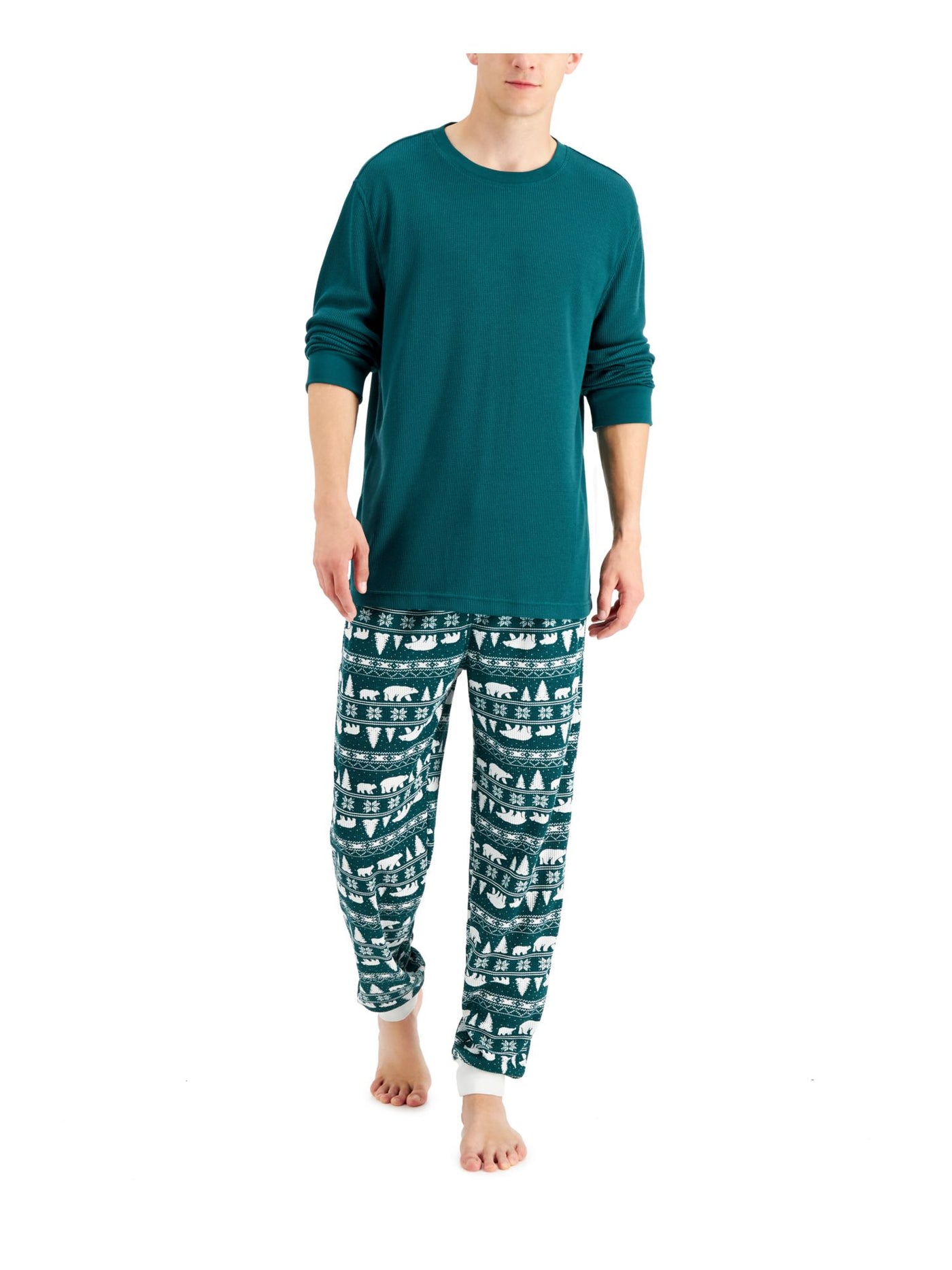 FAMILY PJs Mens Bear Fair Isle Green Textured Long Sleeve T-Shirt Top Cuffed Pants Pajamas XL