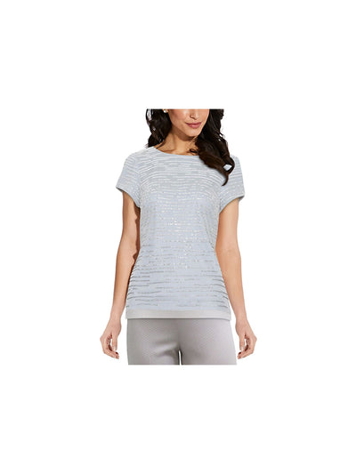 ADRIANNA PAPELL Womens Gray Sequined Zippered Printed Short Sleeve Scoop Neck Cocktail Top 4