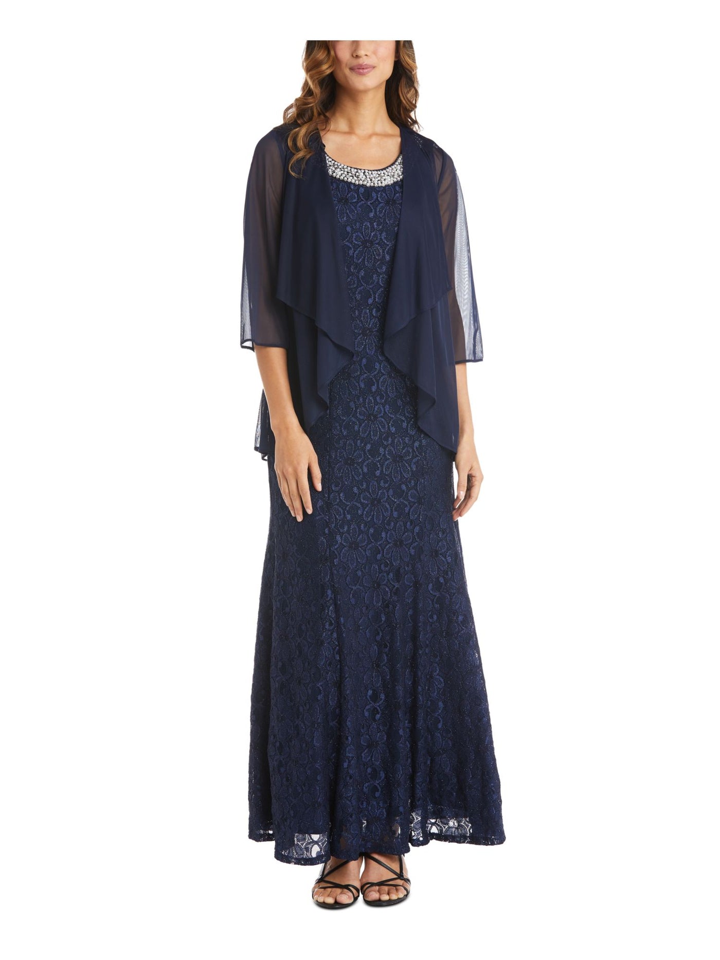 R&M RICHARDS Womens Navy Lace Embellished Glitter 3/4 Sheer Jacket Floral Sleeveless Scoop Neck Maxi Evening Gown Dress 6