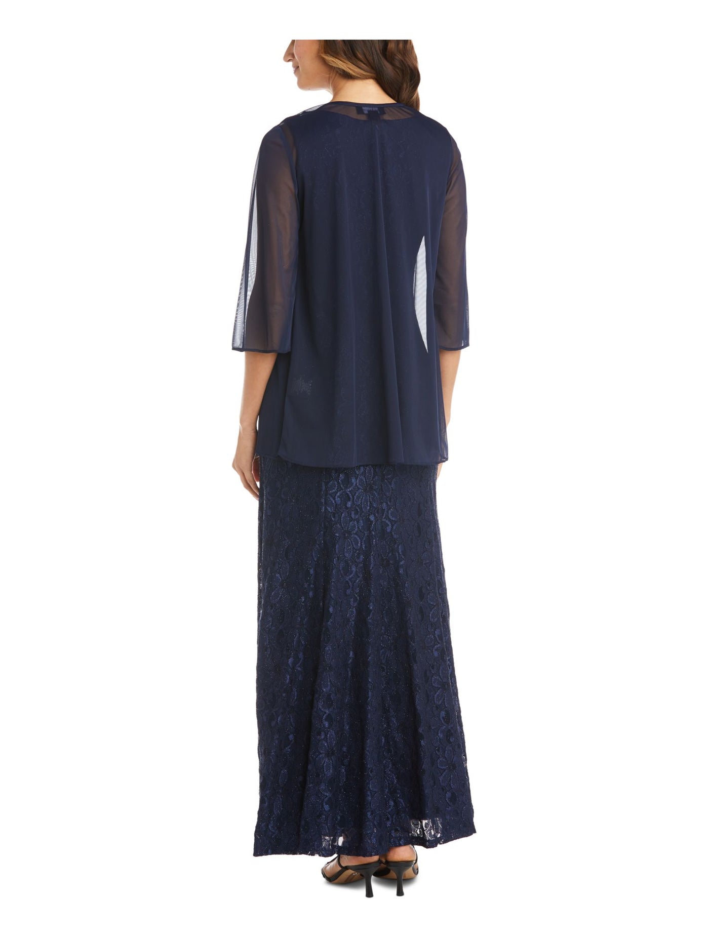 R&M RICHARDS Womens Navy Lace Embellished Glitter 3/4 Sheer Jacket Floral Sleeveless Scoop Neck Maxi Evening Gown Dress 6
