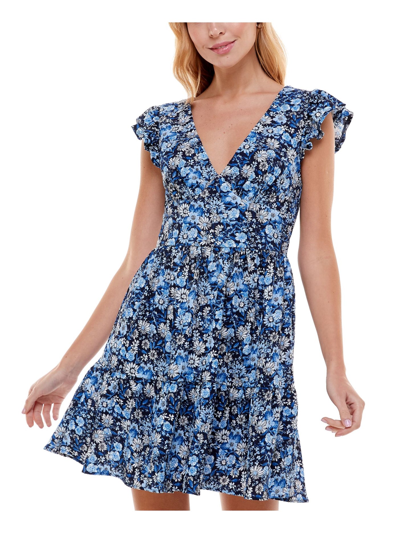 B DARLIN Womens Blue Stretch Textured Ruffled Flounce-hem Floral Flutter Sleeve V Neck Mini Party Fit + Flare Dress 13\14