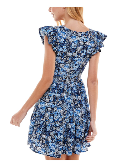 B DARLIN Womens Blue Stretch Textured Ruffled Flounce-hem Floral Flutter Sleeve V Neck Mini Party Fit + Flare Dress 13\14