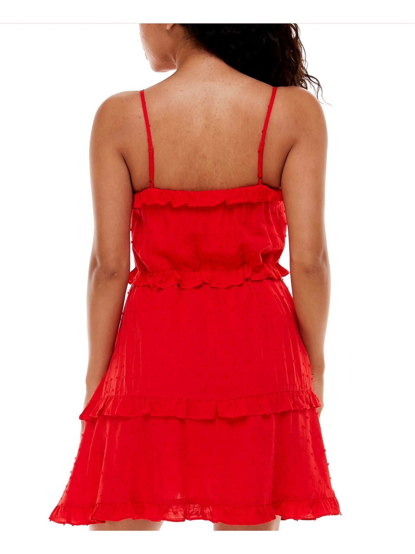 B DARLIN Womens Red Stretch Tie Sheer Pullover Styling Spaghetti Strap Scoop Neck Short Ruffled Dress Juniors 5\6