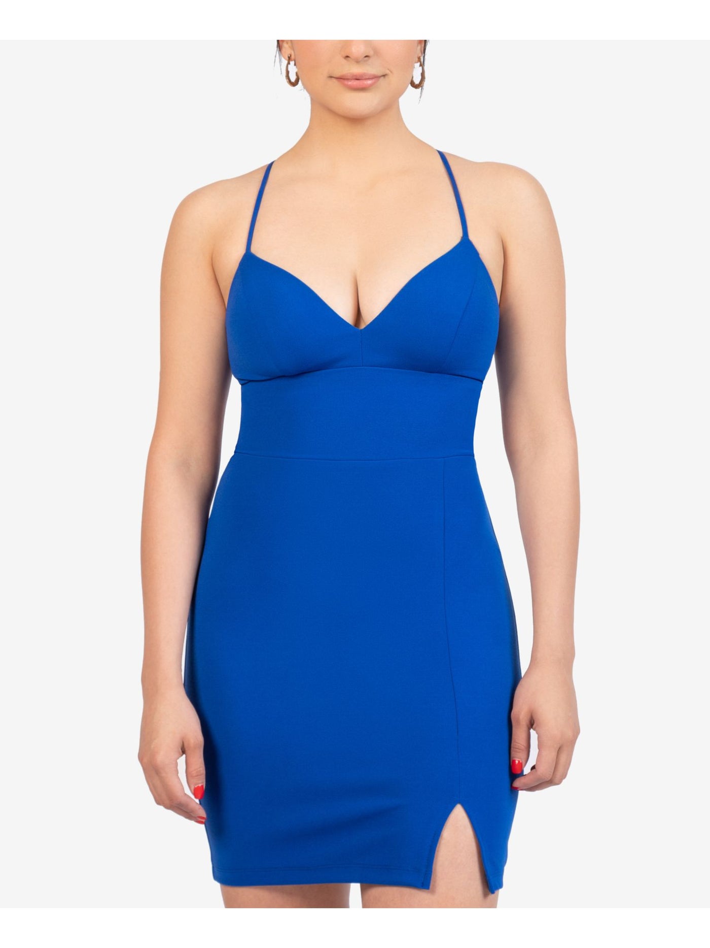 B DARLIN Womens Blue Stretch Spaghetti Strap V Neck Above The Knee Party Body Con Dress 11\12