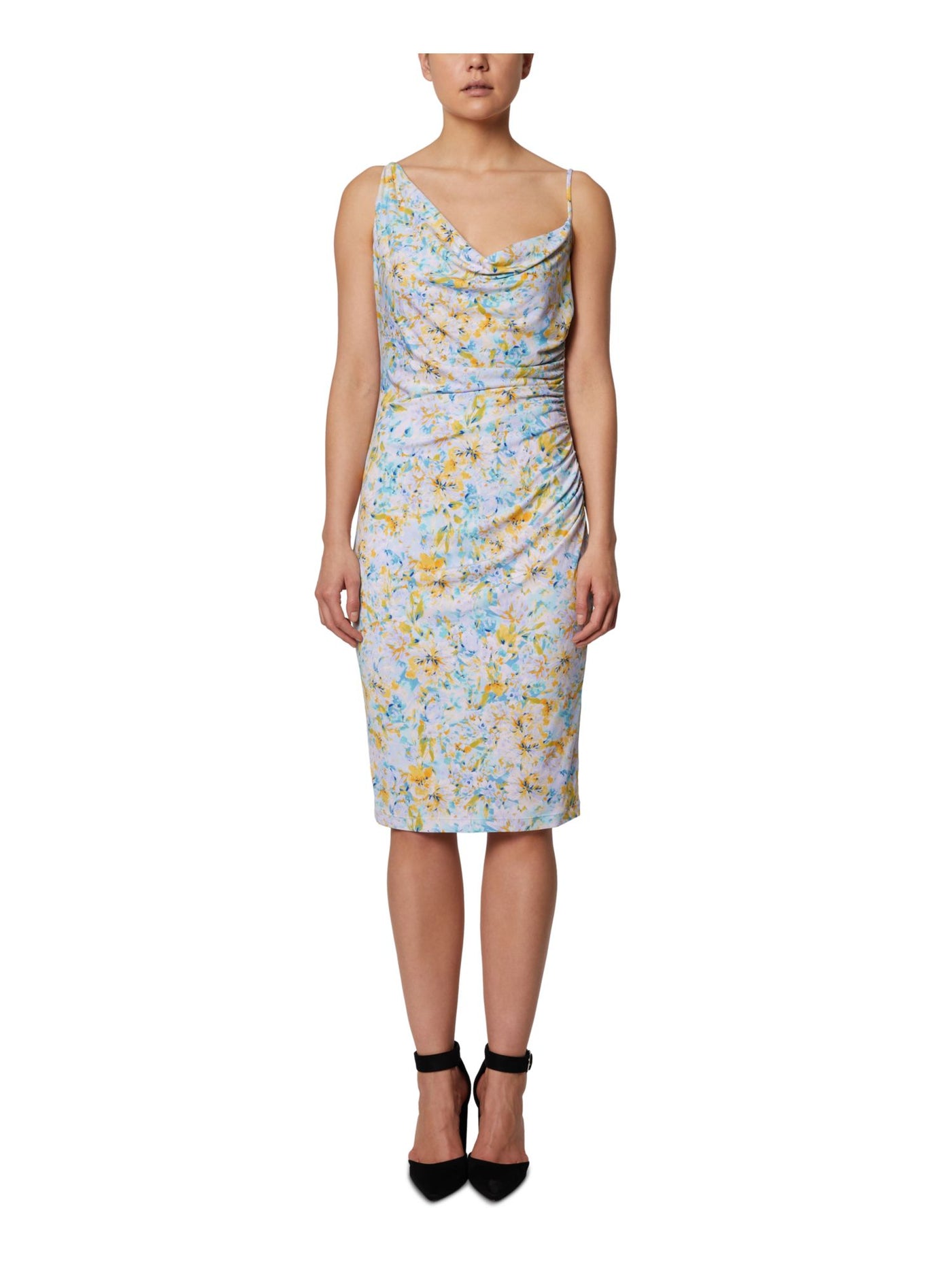 LAUNDRY Womens Purple Stretch Zippered Ruched Asymmetrical Cowlneck Floral Sleeveless Midi Party Body Con Dress 4