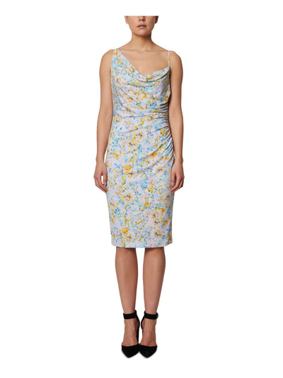 LAUNDRY Womens Purple Stretch Zippered Ruched Asymmetrical Cowlneck Floral Sleeveless Midi Party Body Con Dress 4