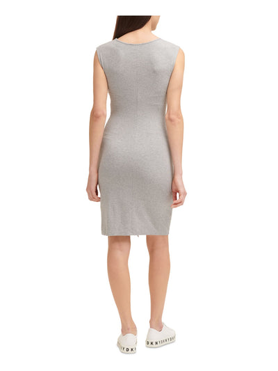 DKNY Womens Gray Stretch Ruched Tie Asymmetrical Hem Heather Cap Sleeve Crew Neck Mini Body Con Dress XL