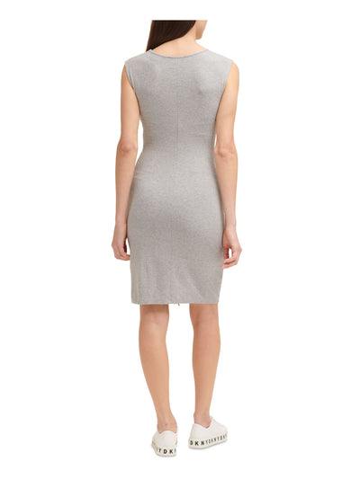 DKNY Womens Gray Stretch Ruched Tie Asymmetrical Hem Heather Sleeveless Crew Neck Short Body Con Dress M