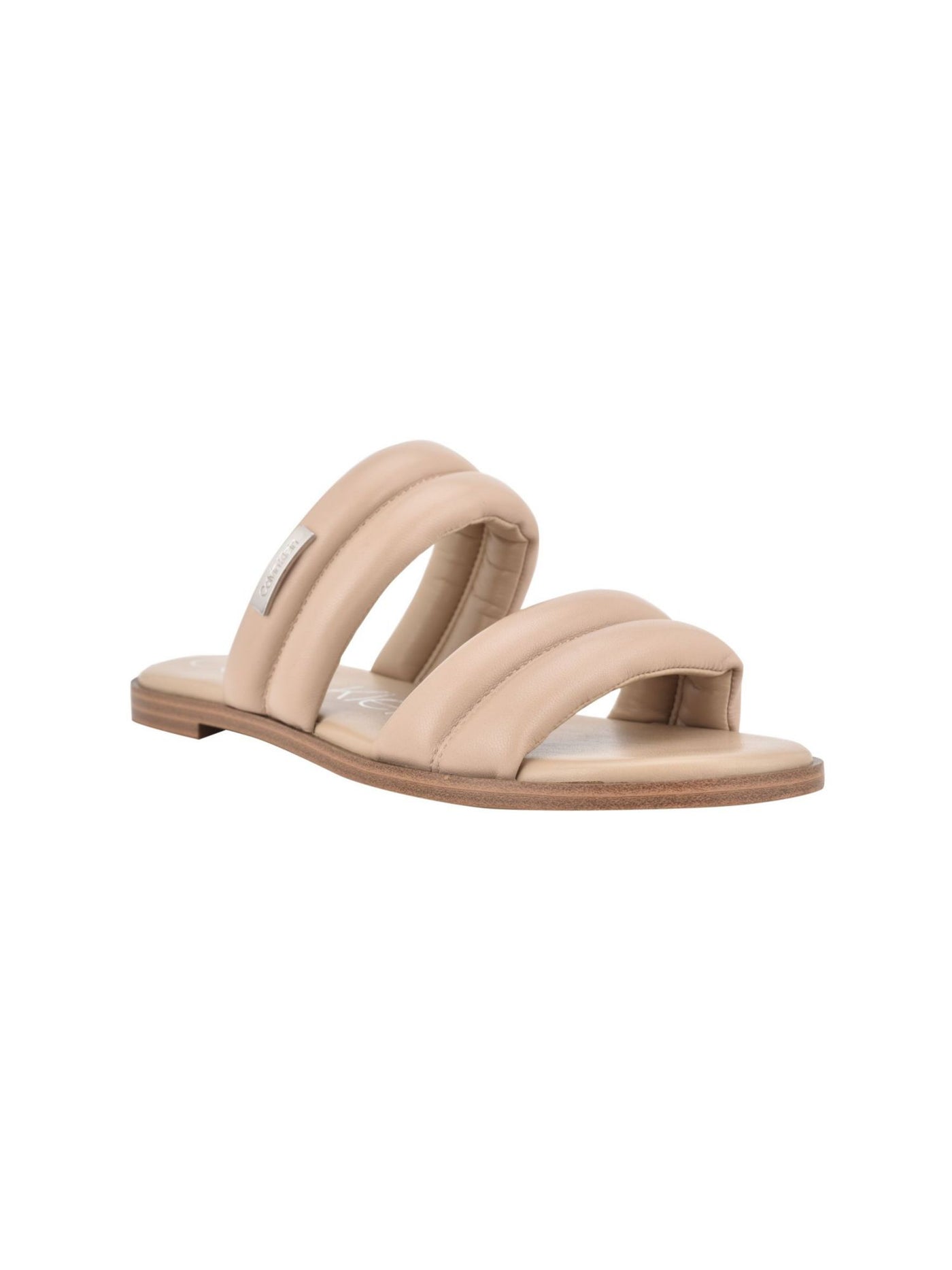 CALVIN KLEIN Womens Light Natural Beige Puffy Double Band Logo Plate Padded Koko Round Toe Slip On Leather Slide Sandals Shoes 7.5 M
