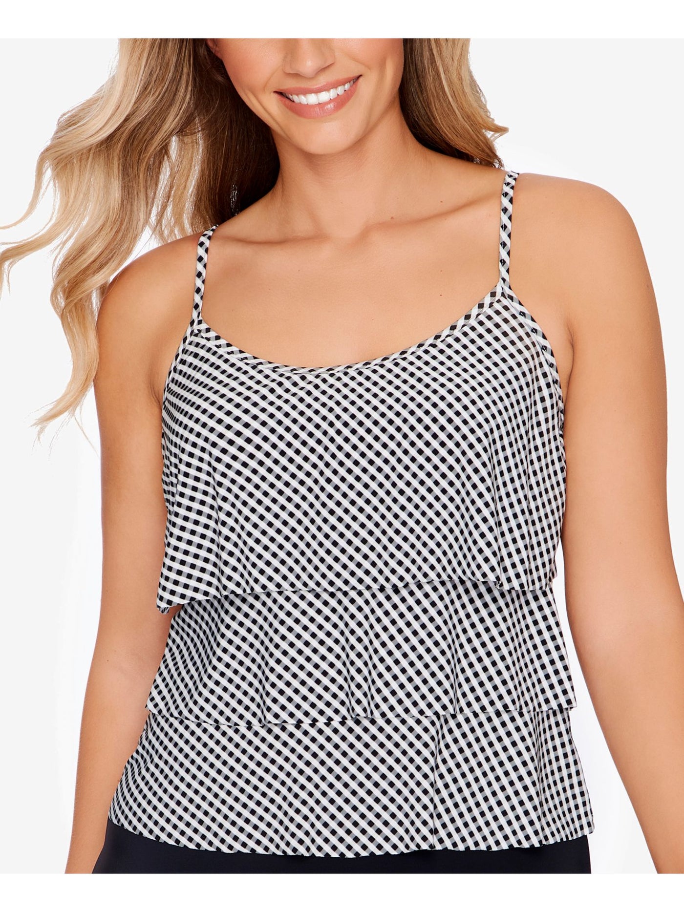 SWIM SOLUTIONS Women's Black Gingham Full Bust Support Triple Tier Lined Stretch Ring Scoop Neck Tankini Swimsuit Top 10