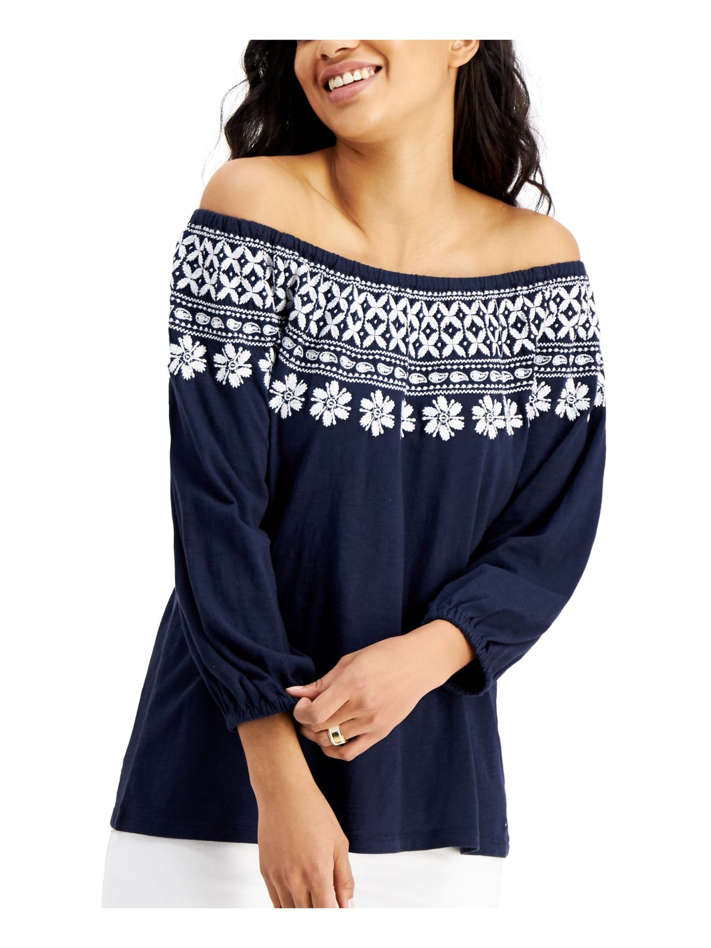 TOMMY HILFIGER Womens Navy Stretch Embroidered Elastic Neckline And Cuffs Floral 3/4 Sleeve Off Shoulder Top XS