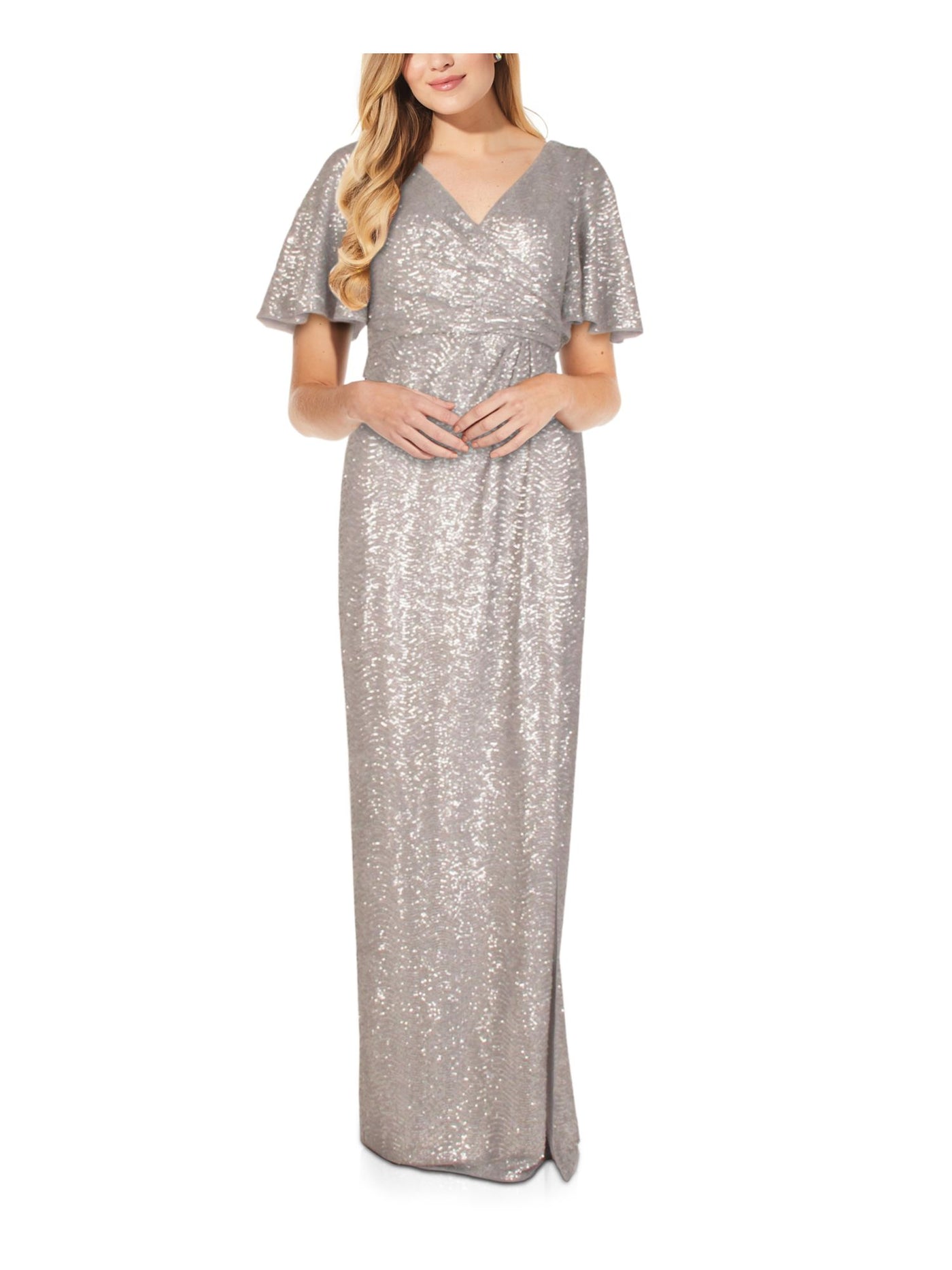 ADRIANNA PAPELL Womens Silver Zippered Sequined Flutter Sleeve Surplice Neckline Maxi Prom Faux Wrap Dress 2