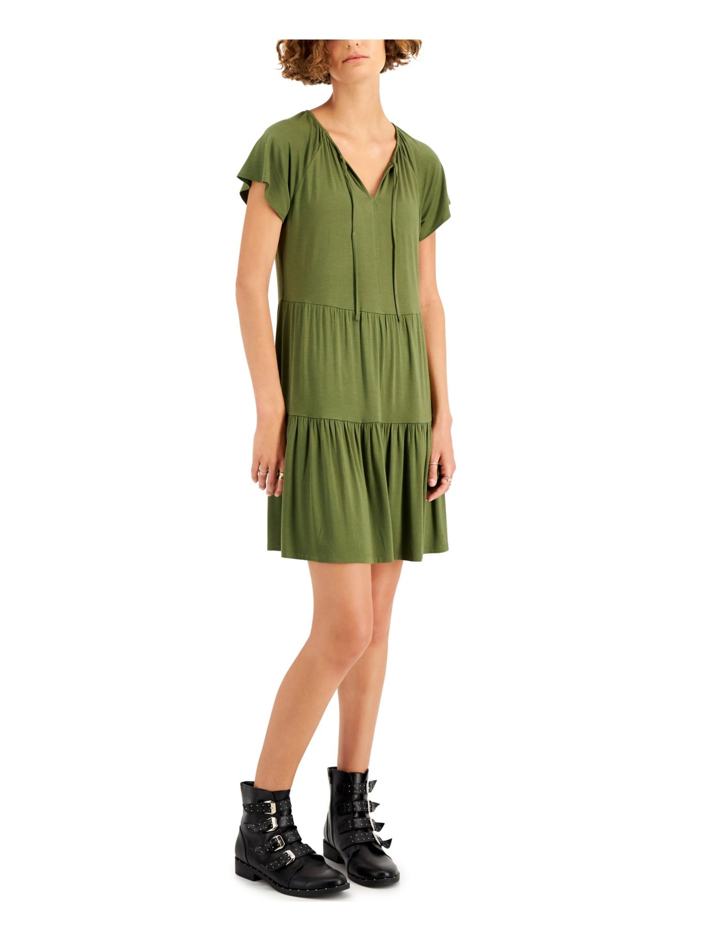 STYLE & COMPANY Womens Green Tie Unlined Raglan Sleeve Split Above The Knee Fit + Flare Dress XXL