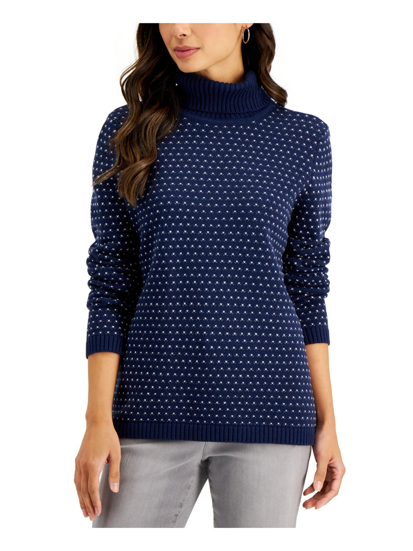 KAREN SCOTT Womens Navy Cotton Ribbed Printed Long Sleeve Turtle Neck Wear To Work Sweater S