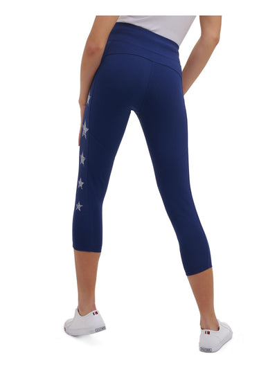 TOMMY HILFIGER Womens Blue Stretch Printed Active Wear High Waist Leggings M