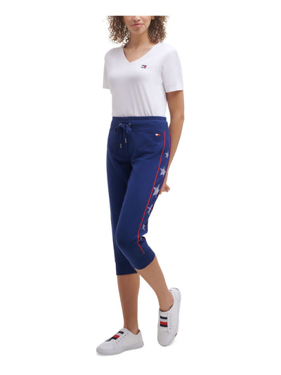 TOMMY HILFIGER SPORT Womens Blue Stretch Ribbed Mid Rise Drawstring Active Wear Cropped Pants M