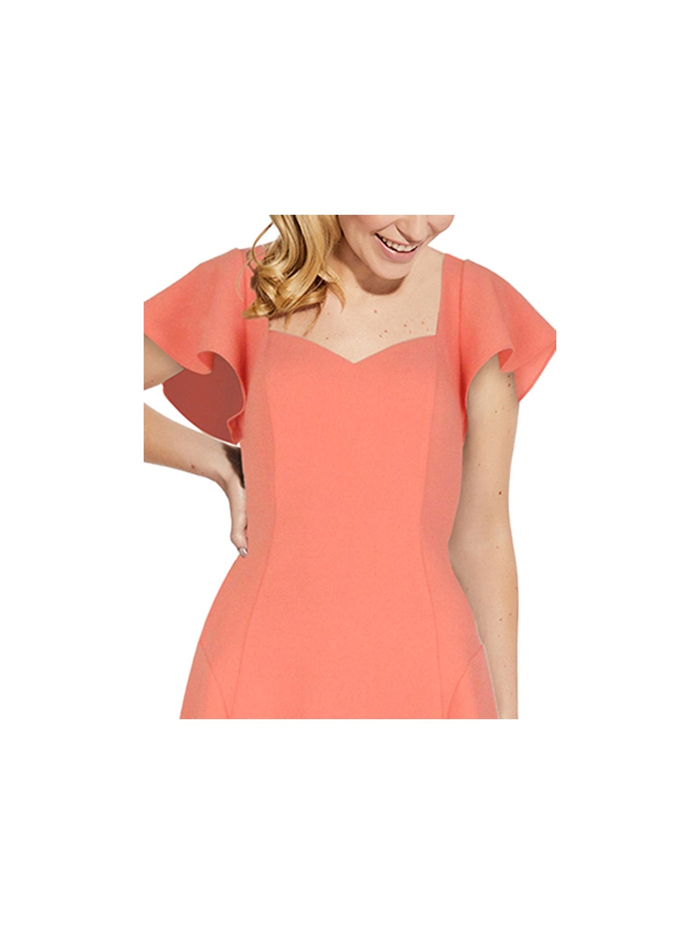 ADRIANNA PAPELL Womens Coral Zippered Textured Flutter Sleeve Sweetheart Neckline Above The Knee Party Fit + Flare Dress 4
