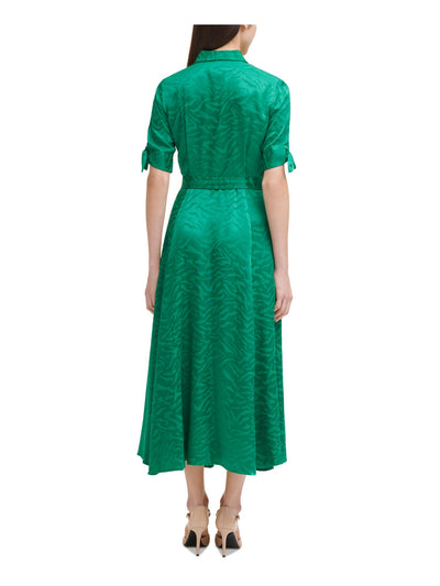 CALVIN KLEIN Womens Green Tie Button Front Unlined Animal Print Elbow Sleeve Point Collar Tea-Length Fit + Flare Dress Petites 8P