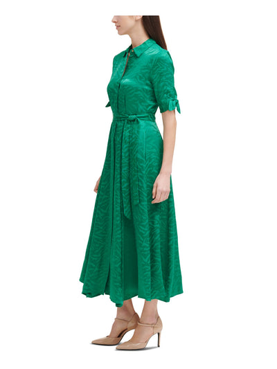 CALVIN KLEIN Womens Green Tie Button Front Unlined Animal Print Elbow Sleeve Point Collar Tea-Length Fit + Flare Dress Petites 8P