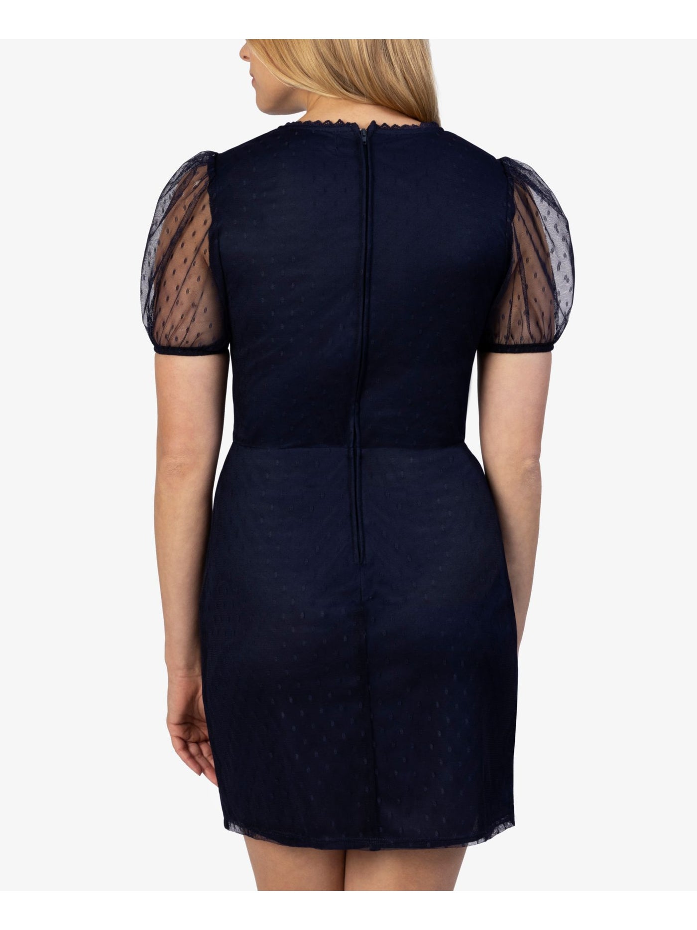 SPEECHLESS Womens Navy Zippered Sheer Dotted Mesh Pouf Sleeve Round Neck Short Evening Sheath Dress XS