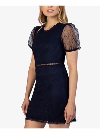 SPEECHLESS Womens Navy Zippered Sheer Dotted Mesh Pouf Sleeve Round Neck Short Evening Sheath Dress XS