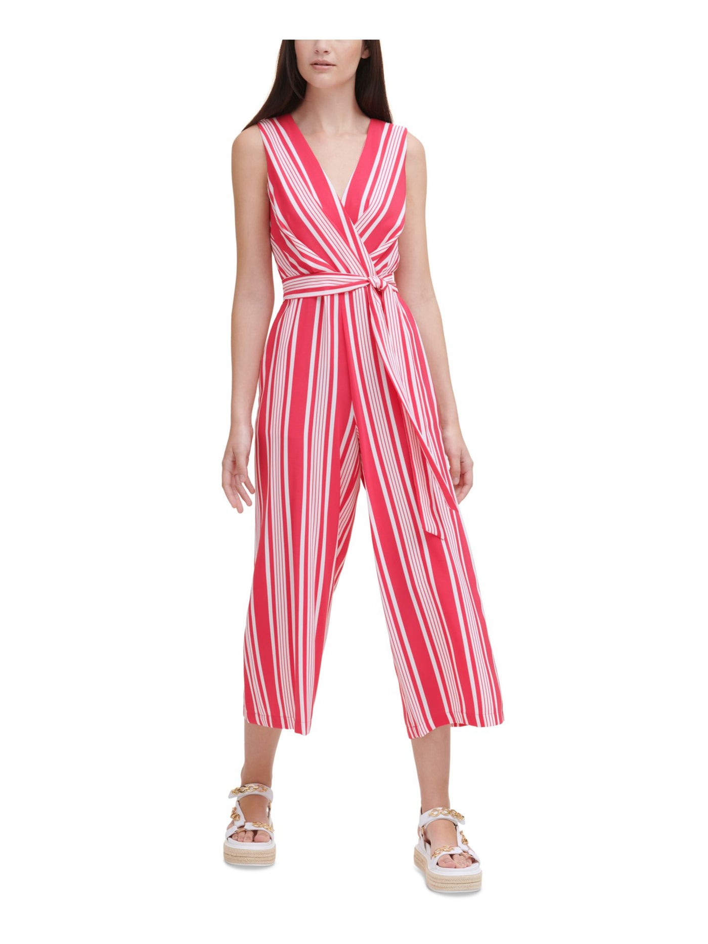 KARL LAGERFELD PARIS Womens Pink Zippered Pocketed Self Tie Sash Striped Sleeveless Surplice Neckline Wear To Work Wide Leg Jumpsuit 12