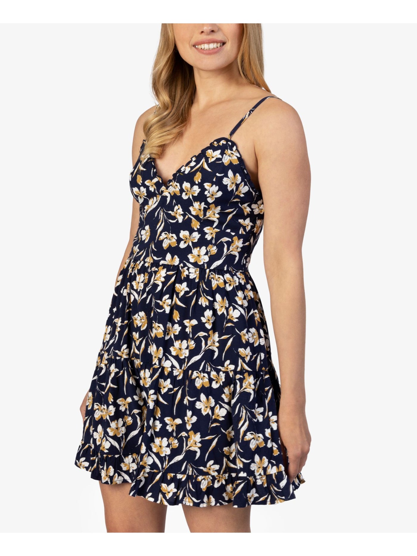 SPEECHLESS Womens Navy Stretch Ruffled Zippered Floral Spaghetti Strap V Neck Short Fit + Flare Dress Juniors XS