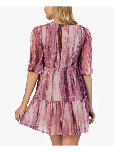 SPEECHLESS Womens Round Neck Tiered Mesh Elbow Puff Sleeve Mini Shift Dress