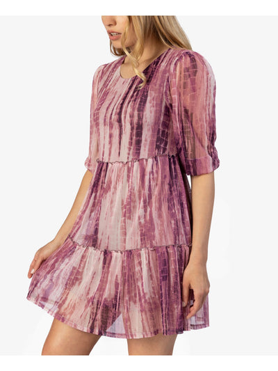 SPEECHLESS Womens Round Neck Tiered Mesh Elbow Puff Sleeve Mini Shift Dress