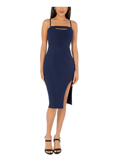 SPEECHLESS Womens Blue Stretch Cut Out Zippered Side Slit Spaghetti Strap Square Neck Below The Knee Party Body Con Dress Juniors XS