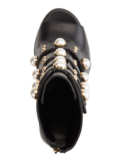 KARL LAGERFELD Womens Black Embellished Adjustable Strap Brayden Open Toe Stiletto Zip-Up Leather Booties 5 M