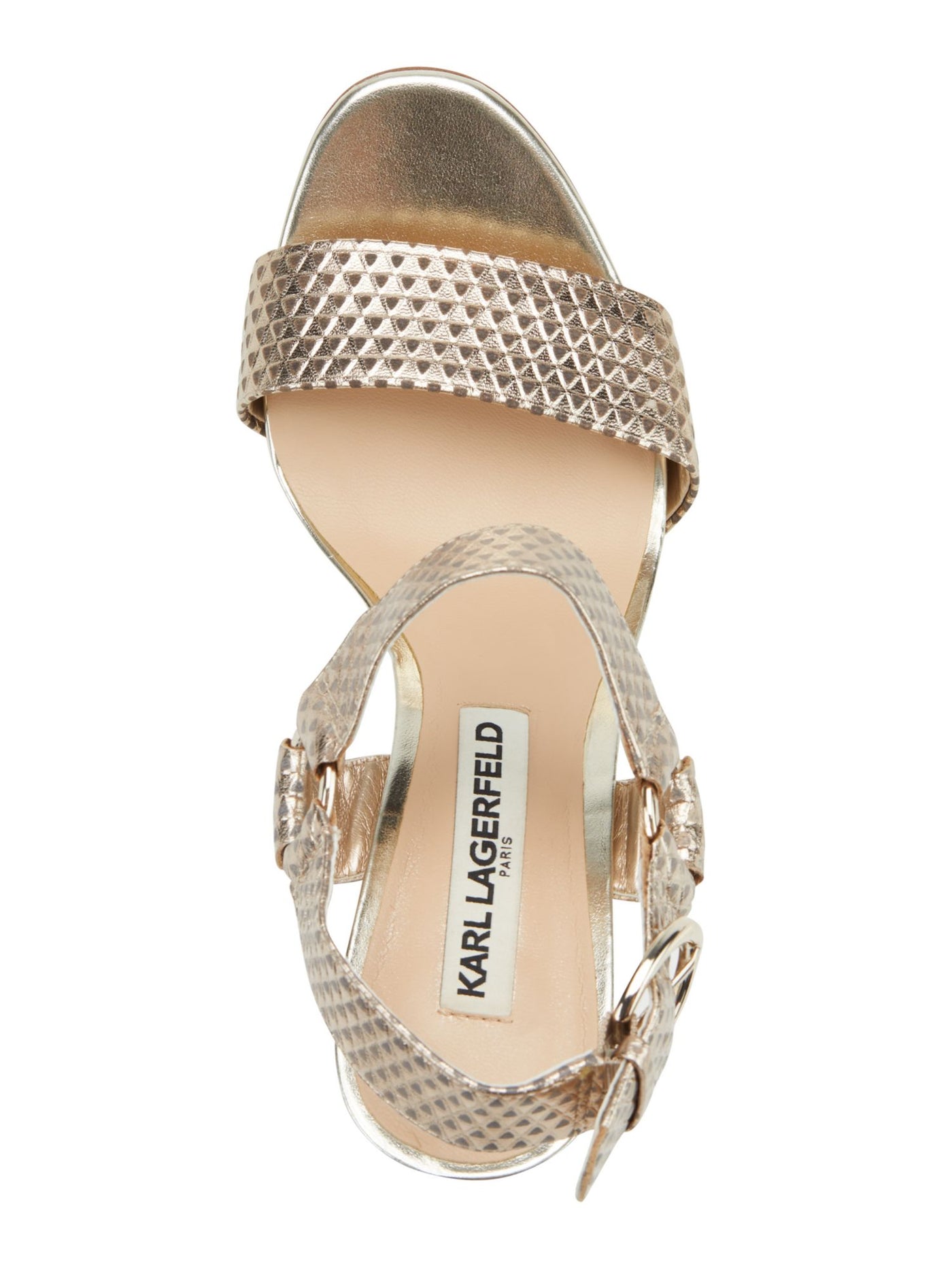 KARL LAGERFELD PARIS Womens Gold Geometric O'ring Metallic Ankle Strap Padded Cieone Open Toe Block Heel Buckle Leather Dress Heeled Sandal 8.5 M
