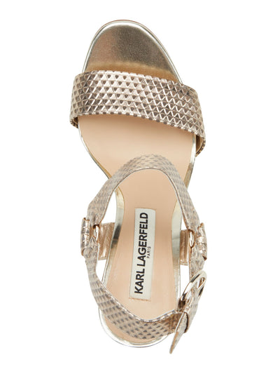KARL LAGERFELD PARIS Womens Gold Geometric O'ring Metallic Ankle Strap Padded Cieone Open Toe Block Heel Buckle Leather Dress Heeled Sandal 8.5 M