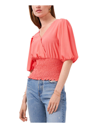 1. STATE Womens Coral Stretch Smocked Pleated Elbow Puff-sleeve Surplice Neckline Top XXS