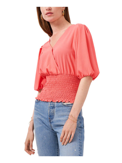 1. STATE Womens Coral Stretch Smocked Pleated Elbow Puff-sleeve Surplice Neckline Top XS