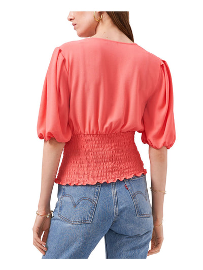 1. STATE Womens Coral Stretch Smocked Pleated Elbow Puff-sleeve Pouf Sleeve Surplice Neckline Top L