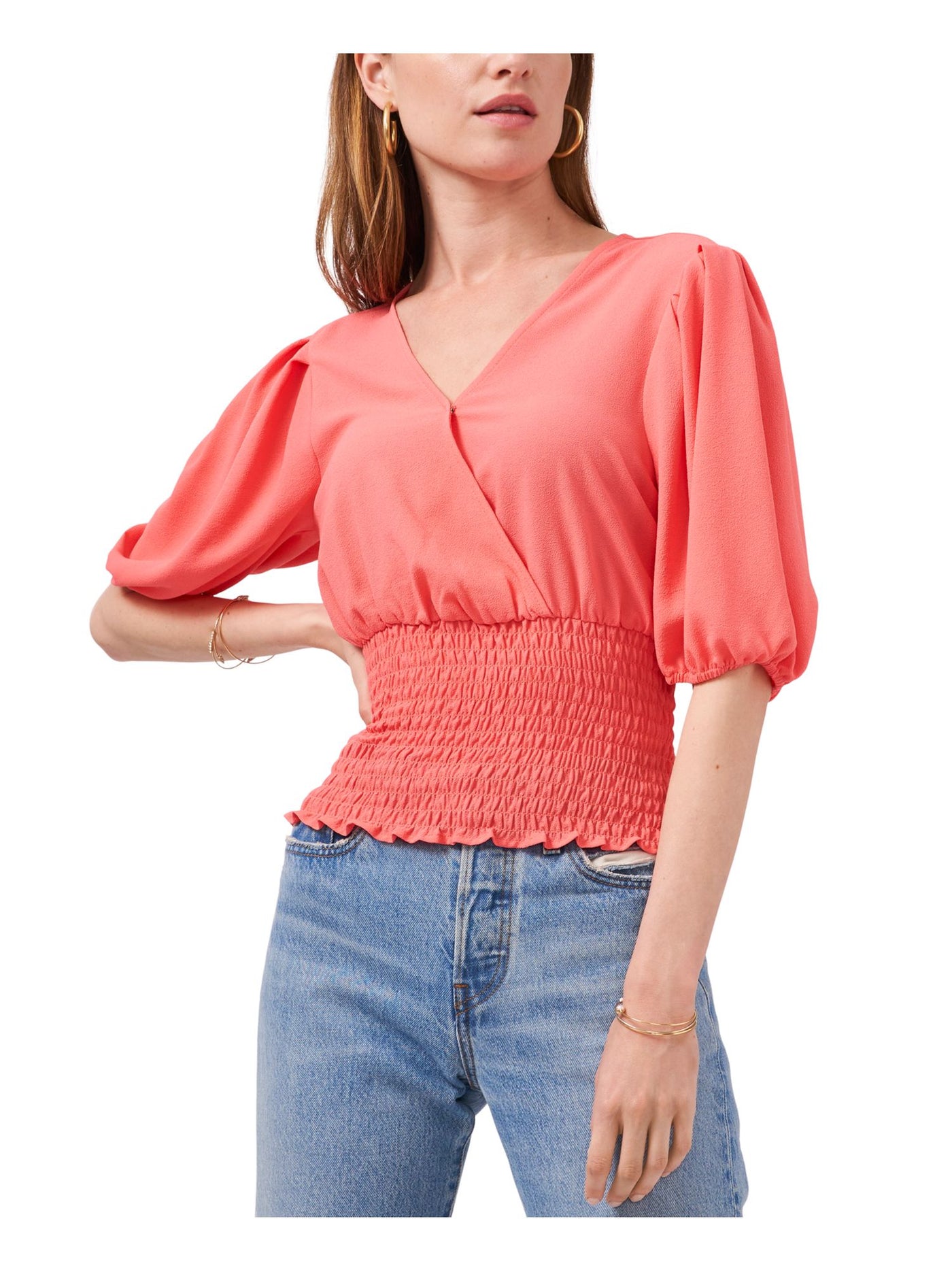 1. STATE Womens Coral Stretch Smocked Pleated Elbow Puff-sleeve Surplice Neckline Top XXS