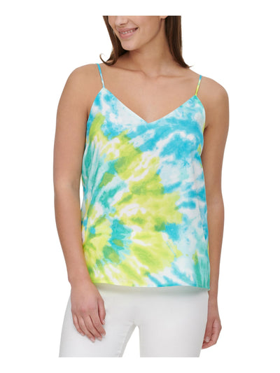 CALVIN KLEIN Womens Blue Tie Dye Spaghetti Strap V Neck Cami Top L