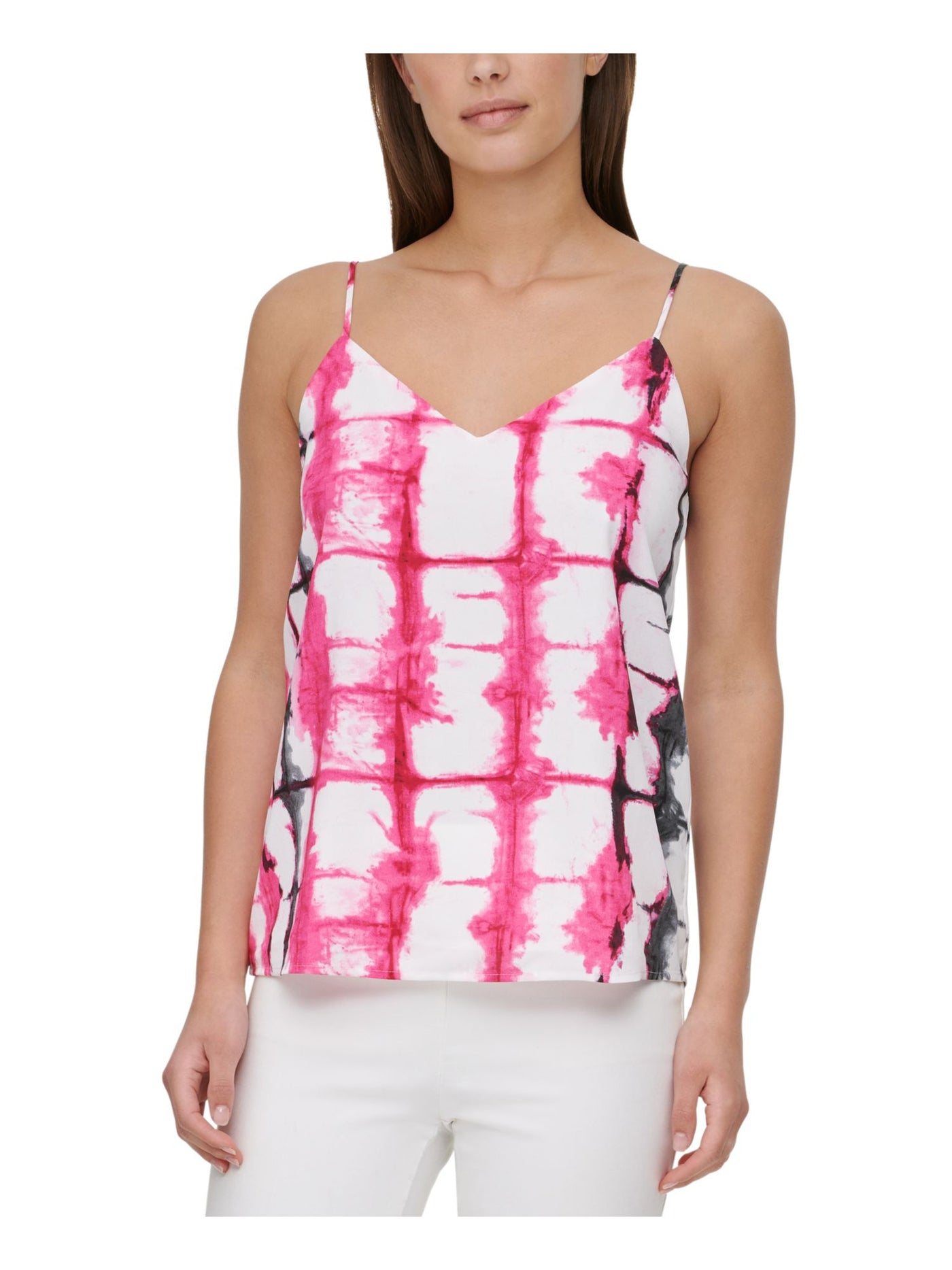 CALVIN KLEIN Womens White Tie Dye Spaghetti Strap V Neck Cami Top XS